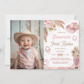 Pink Boho First Rodeo 1. Geburtstag Foto Einladung (Vorderseite)