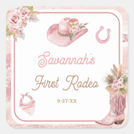 Pink Boho First Rodeo 1. Geburtstag Quadratischer Aufkleber