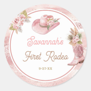 Pink Boho First Rodeo 1. Geburtstag Runder Aufkleber