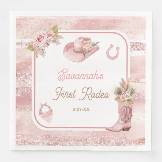 Pink Boho First Rodeo 1. Geburtstag Serviette (Vorderseite)