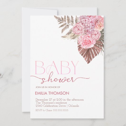 Pink Boho Floral Baby Dusche Einladung (Vorderseite)
