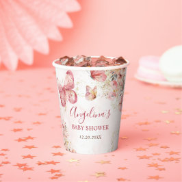 Pink Boho Floral Butterfly Babydusche Pappbecher