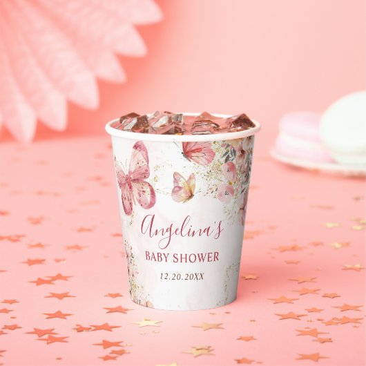 Pink Boho Floral Butterfly Babydusche Pappbecher (Insitu)