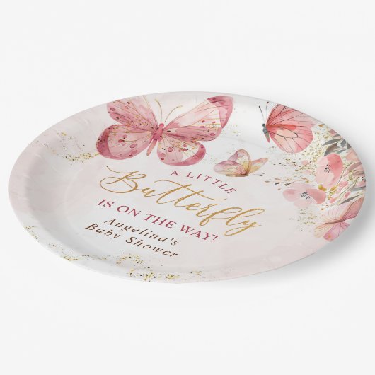 Pink Boho Floral Butterfly Babydusche Pappteller (Schrägansicht)