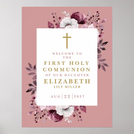 Pink Boho Floral Erste Heilige Kommune Begrüßungsz Poster (Vorne)