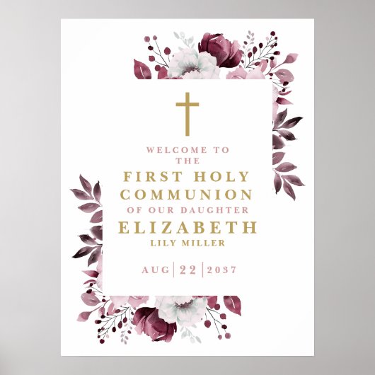 Pink Boho Floral Erste Heilige Kommune Begrüßungsz Poster (Vorne)