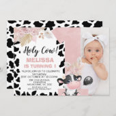 Pink Boho Floral Foto 1. Geburtstag Einladung (Vorne/Hinten)