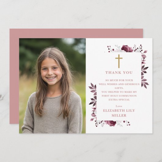 Pink Boho Floral Foto Erste Heilige Kommune Dankeskarte (Vorne/Hinten)