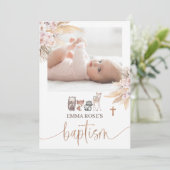 Pink Boho Floral Gold Kalligrafie Taufe Einladung (Stehend Vorderseite)