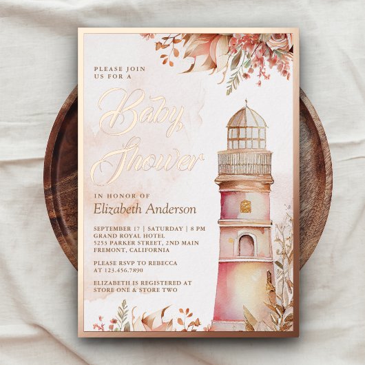 Pink Boho Floral Lighthouse Kinderdusche Rose Gold Folieneinladung