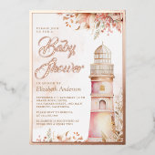 Pink Boho Floral Lighthouse Kinderdusche Rose Gold Folieneinladung (Vorderseite)