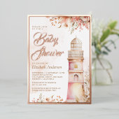 Pink Boho Floral Lighthouse Kinderdusche Rose Gold Folieneinladung (Stehend vorne)