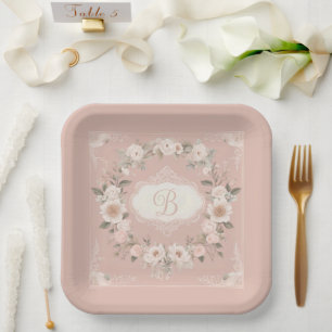 Pink Boho Floral Monogramm Pappteller
