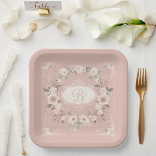 Pink Boho Floral Monogramm Pappteller (Hochzeit)