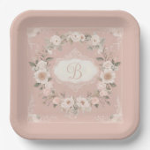 Pink Boho Floral Monogramm Pappteller (Vorderseite)