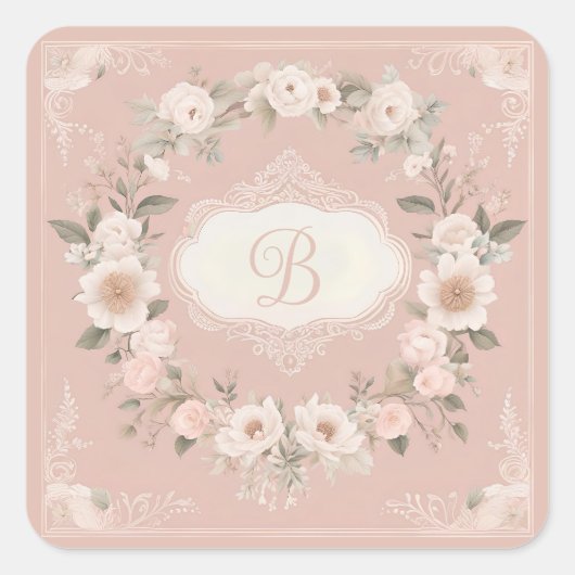 Pink Boho Floral Monogramm Quadratischer Aufkleber (Vorderseite)