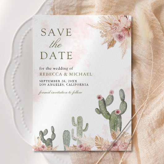 Pink Boho Floral Pampas Cactus Foto Wedding Save The Date