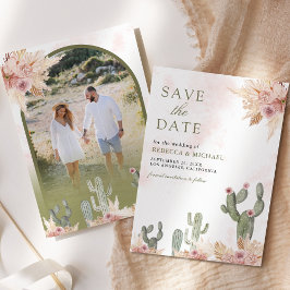 Pink Boho Floral Pampas Cactus Foto Wedding Save The Date