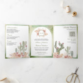 Pink Boho Floral Pampas Cactus QR Code Wedding Dreifach Gefaltete Einladung (Innenseite)