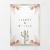 Pink Boho Floral Pampas Cactus QR Code Wedding Dreifach Gefaltete Einladung (Cover)