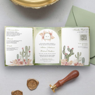 Pink Boho Floral Pampas Cactus QR Code Wedding Dreifach Gefaltete Einladung