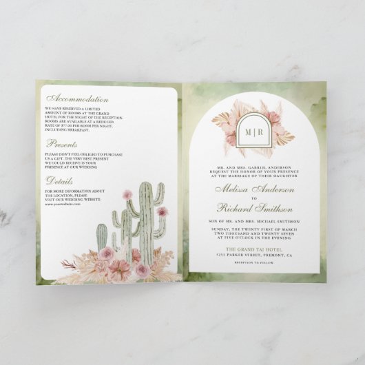 Pink Boho Floral Pampas Cactus QR Code Wedding Einladung (Innenseite)