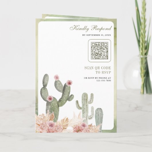 Pink Boho Floral Pampas Cactus QR Code Wedding Einladung (Rückseite)