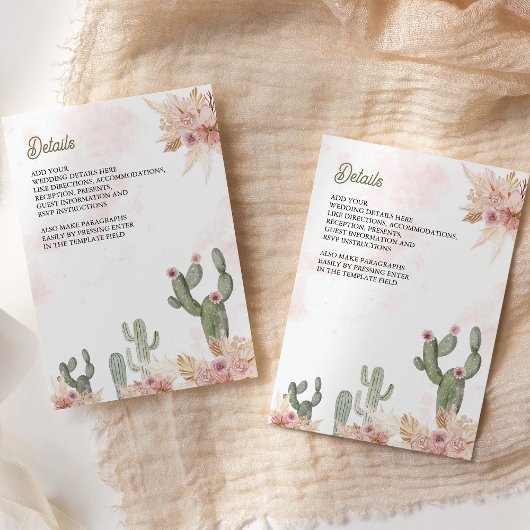 Pink Boho Floral Pampas Cactus Wedding Details Begleitkarte