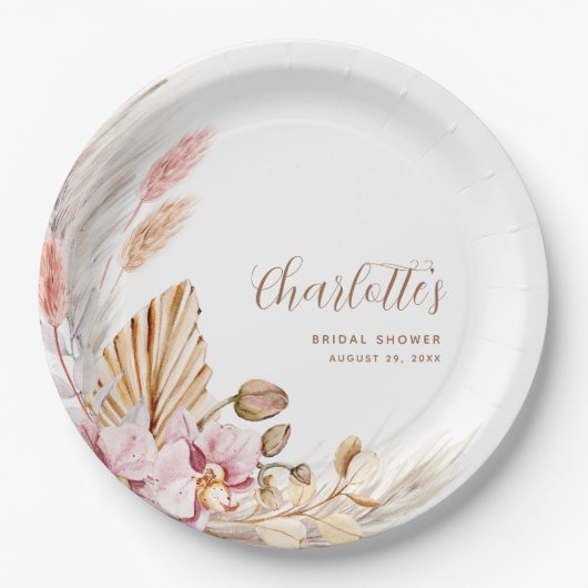 Pink Boho Floral Pampas Grass | BRAUTPARTY Pappteller (Vorderseite)