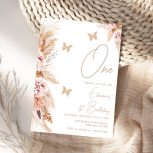 Pink Boho Floral und Schmetterlinge 1. Geburtstag Einladung