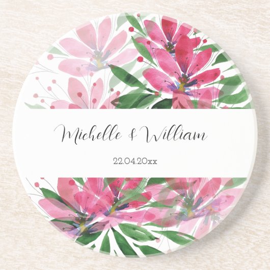 Pink Boho Floral Watercolor Mit Monogramm Getränkeuntersetzer (Vorne)