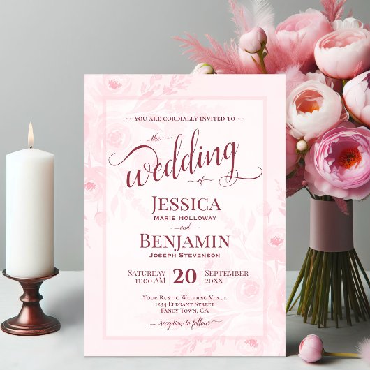 Pink Boho Floral Watercolor Stylish Script Wedding Einladung