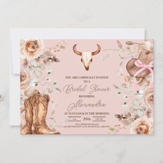 Pink Boho Floral Western Brautparty Einladung (Vorderseite)