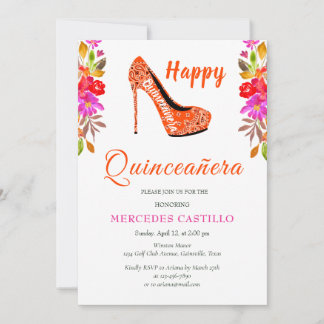 Pink Boho Floral Wreath Quinceañera Einladung