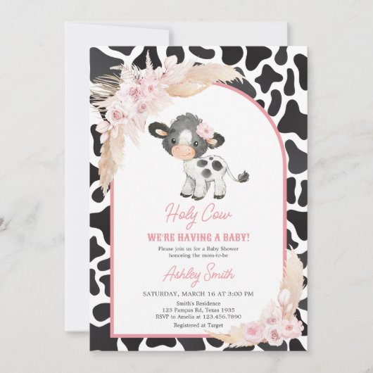 Pink Boho Highland Cow Baby Dusche Einladung (Vorderseite)