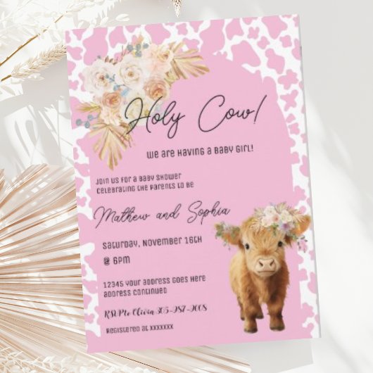 Pink Boho Holy Cow Girl Babydusche Einladung
