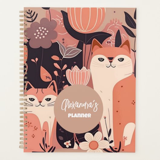 Pink Boho Katzen und Blume Personalisiert Planer (Vorderseite)