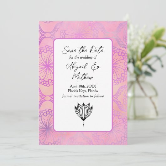 Pink Boho Modern India Tropical Save the Date (Stehend Vorderseite)