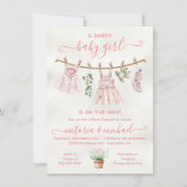 Pink Boho Nature Baby Shower Girl Clothesline Einladung (Vorderseite)