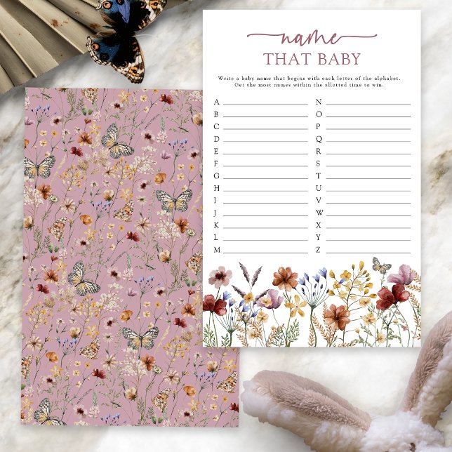 Pink Boho nennt das Baby Game (Dusty Pink Boho Floral Name That Baby Game Card with Butterfly by Painted Paperie
)