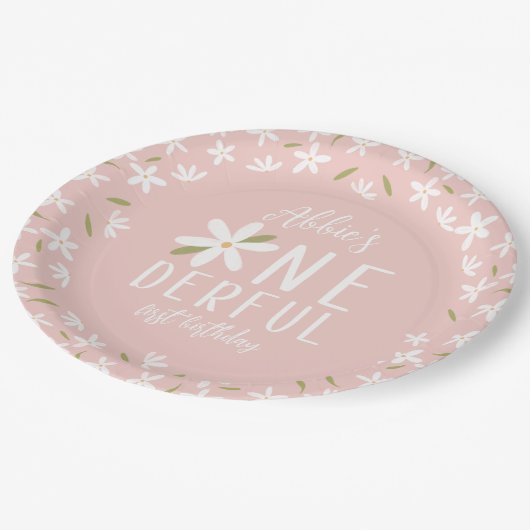 Pink Boho Onederful First Birthday Plate Pappteller (Schrägansicht)