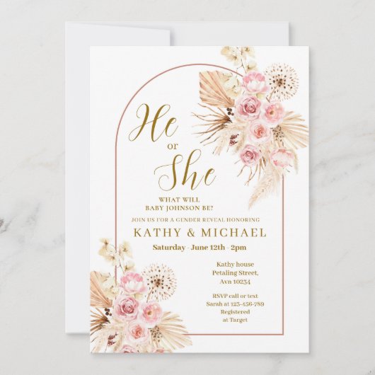 Pink Boho Pampas, er oder sie Geschlecht offen Einladung (Vorderseite)