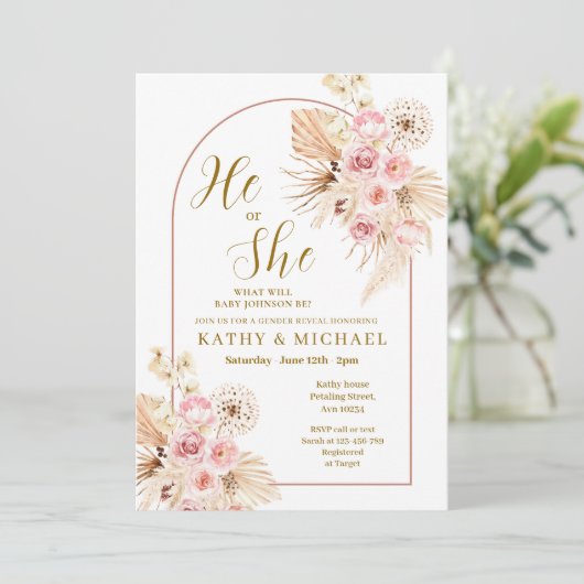 Pink Boho Pampas, er oder sie Geschlecht offen Einladung (Stehend Vorderseite)