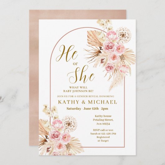 Pink Boho Pampas, er oder sie Geschlecht offen Einladung (Vorne/Hinten)