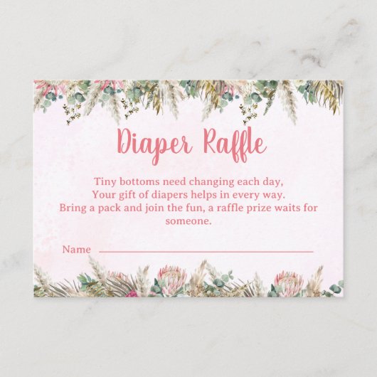 Pink Boho Pampas Grass Diaper Raffle Ticket Begleitkarte (Vorderseite)