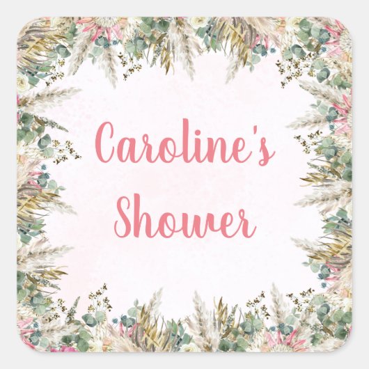 Pink Boho Pampas Grass Favor Stickers | Bridal (Vorderseite)