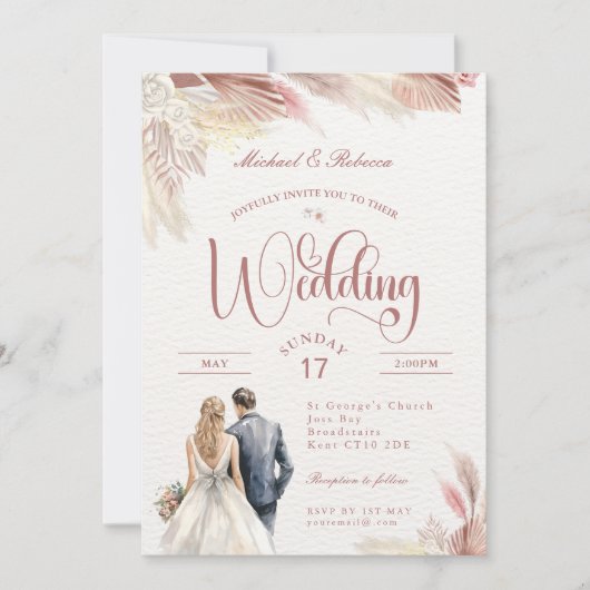 Pink Boho Pampas Grass Wedding Stationery Einladung (Vorderseite)