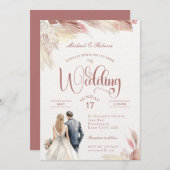 Pink Boho Pampas Grass Wedding Stationery Einladung (Vorne/Hinten)