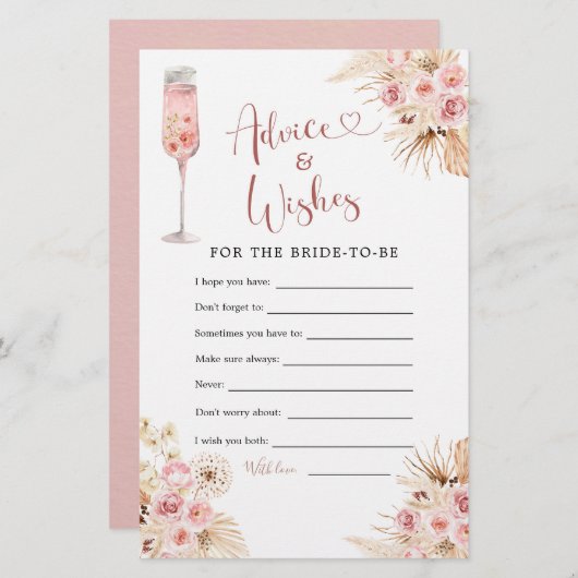 Pink Boho Petals and Prosecco Advice & Wish Card (Vorne/Hinten)