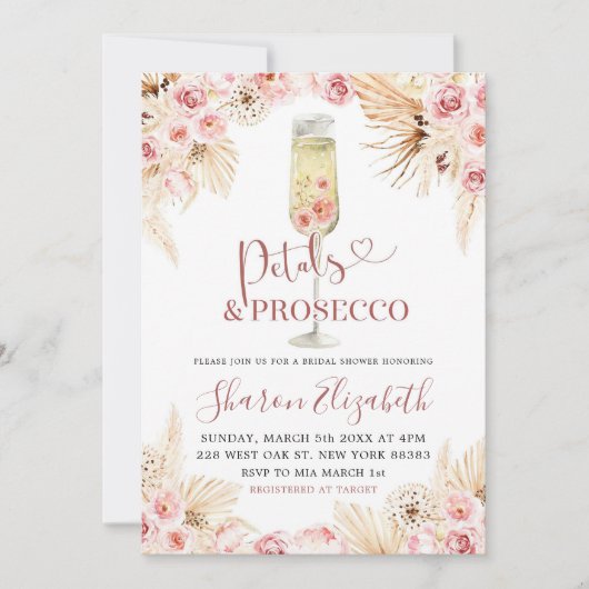 Pink Boho Petals and Prosecco Brautparty Theme Einladung (Vorderseite)